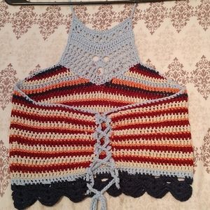 Crochet multi color stripe crop top ties around the neck, shoetie closure back